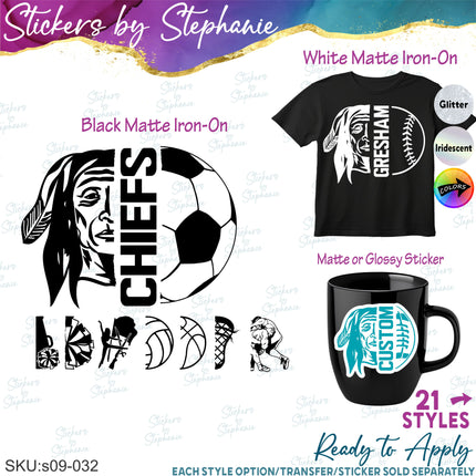 (s09-032) Native American Mascot Team Name Custom Text Iron-On Transfer or Sticker