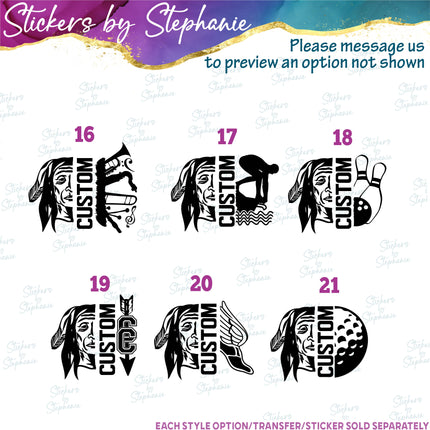 (s09-032) Native American Mascot Team Name Custom Text Iron-On Transfer or Sticker