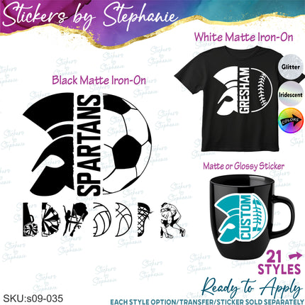 (s09-035) Spartan Mascot Team Name Custom Text Iron-On Transfer or Sticker