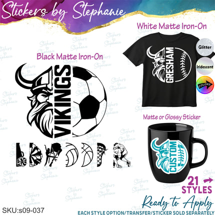 (s09-037) Viking Mascot Team Name Custom Text Iron-On Transfer or Sticker