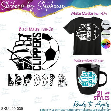 (s09-039) Clipper Ship Mascot Team Name Custom Text Iron-On Transfer or Sticker