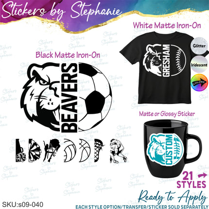 (s09-040) Beaver Mascot Team Name Custom Text Iron-On Transfer or Sticker