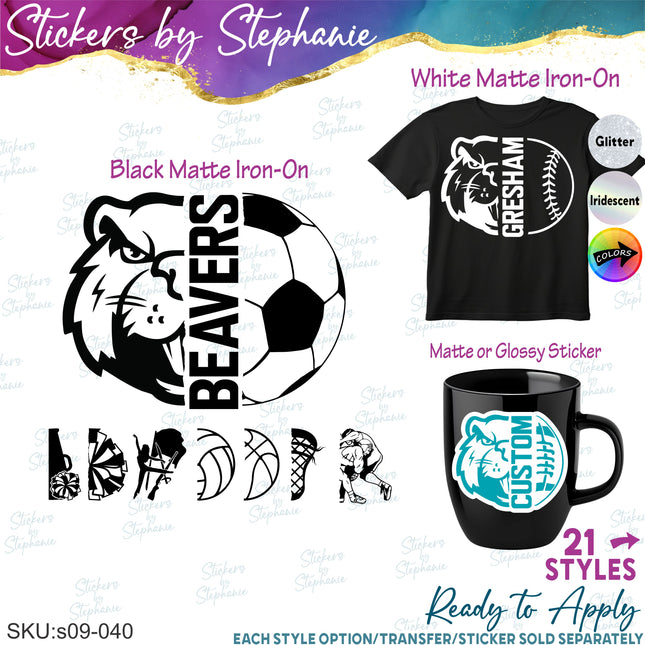 (s09-040) Beaver Mascot Team Name Custom Text Iron-On Transfer or Sticker