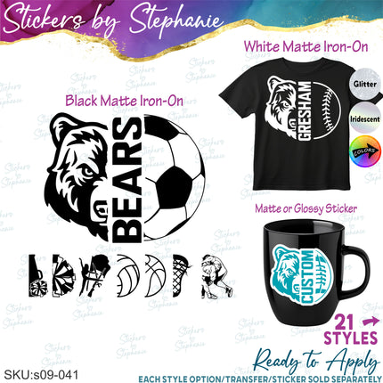 (s09-041) Bear Mascot Team Name Custom Text Iron-On Transfer or Sticker