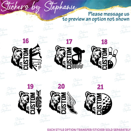 (s09-041) Bear Mascot Team Name Custom Text Iron-On Transfer or Sticker