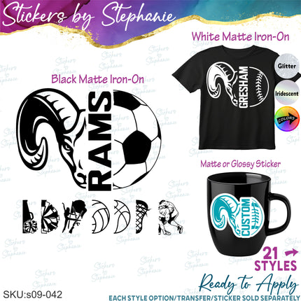 (s09-042) Ram Mascot Team Name Custom Text Iron-On Transfer or Sticker