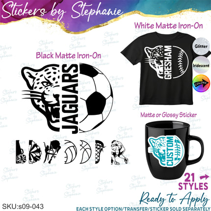 (s09-043) Jaguar Leopard Mascot Team Name Custom Text Iron-On Transfer or Sticker