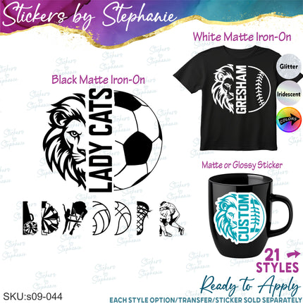 (s09-044) Lion Mascot Team Name Custom Text Iron-On Transfer or Sticker