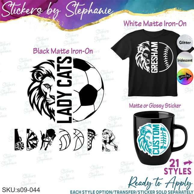 (s09-044) Lion Mascot Team Name Custom Text Iron-On Transfer or Sticker