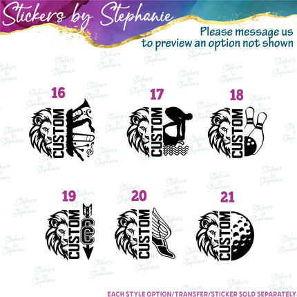 (s09-044) Lion Mascot Team Name Custom Text Iron-On Transfer or Sticker