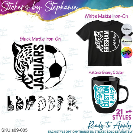 (s09-005) Jaguar Leopard Mascot Team Name Custom Text Iron-On Transfer or Sticker