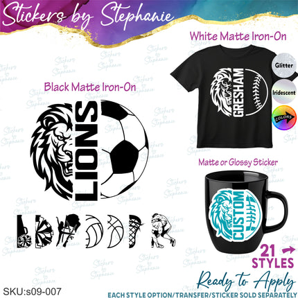 (s09-007) Lion Mascot Team Name Custom Text Iron-On Transfer or Sticker