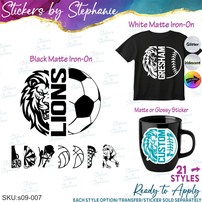 (s09-007) Lion Mascot Team Name Custom Text Iron-On Transfer or Sticker