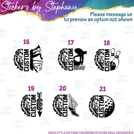 (s09-007) Lion Mascot Team Name Custom Text Iron-On Transfer or Sticker