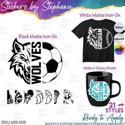 (s09-008) Wolf Mascot Team Name Custom Text Iron-On Transfer or Sticker