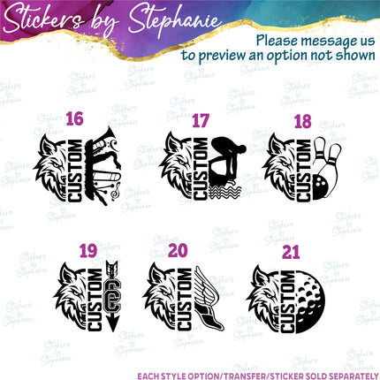 (s09-008) Wolf Mascot Team Name Custom Text Iron-On Transfer or Sticker