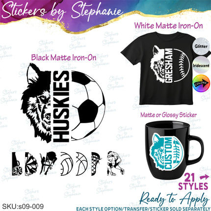 (s09-009) Husky Wolf Mascot Team Name Custom Text Iron-On Transfer or Sticker