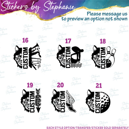 (s09-009) Husky Wolf Mascot Team Name Custom Text Iron-On Transfer or Sticker