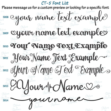 (CT-5) Font List 5 Custom Text Name Swash Fonts Iron-On Transfer or Sticker