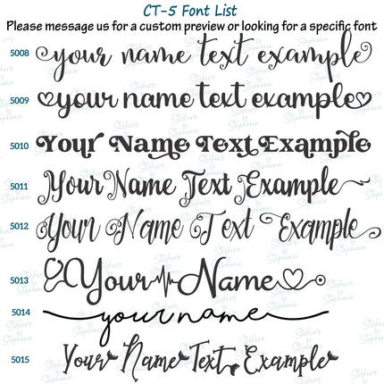 (CT-5) Font List 5 Custom Text Name Swash Fonts Iron-On Transfer or Sticker