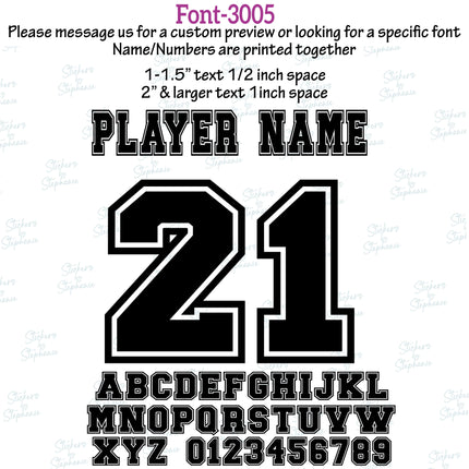 (CT-9) Outline Inline Fonts Custom Player Name & Number Set Iron-On Transfer