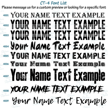 (CT-4) Font List 4 Custom Text Name Numbers Iron-On Transfer or Sticker