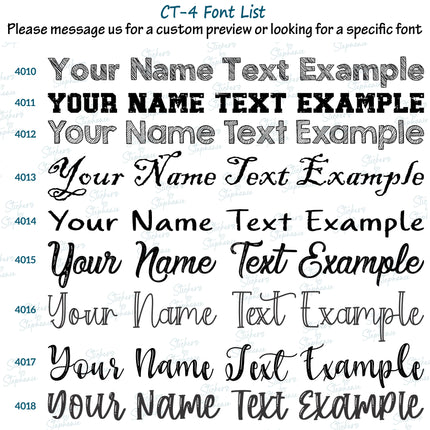 (CT-4) Font List 4 Custom Text Name Numbers Iron-On Transfer or Sticker