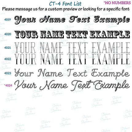 (CT-4) Font List 4 Custom Text Name Numbers Iron-On Transfer or Sticker