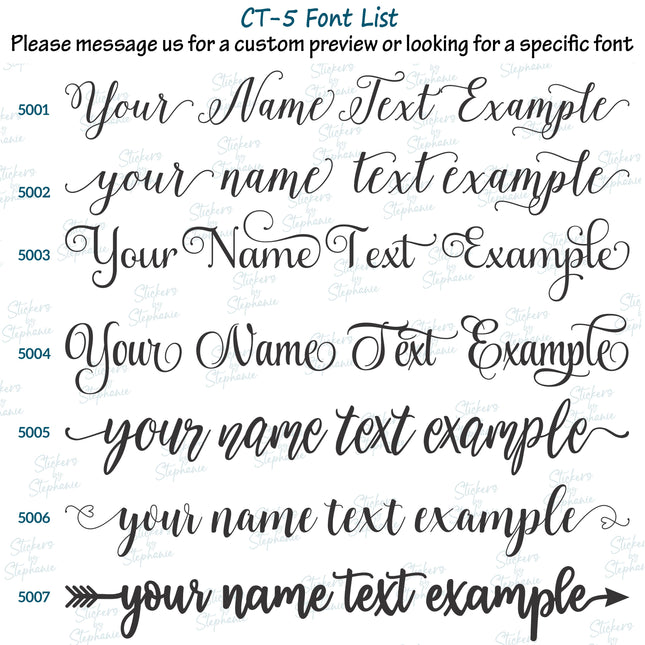 (CT-5) Font List 5 Custom Text Name Swash Fonts Iron-On Transfer or Sticker