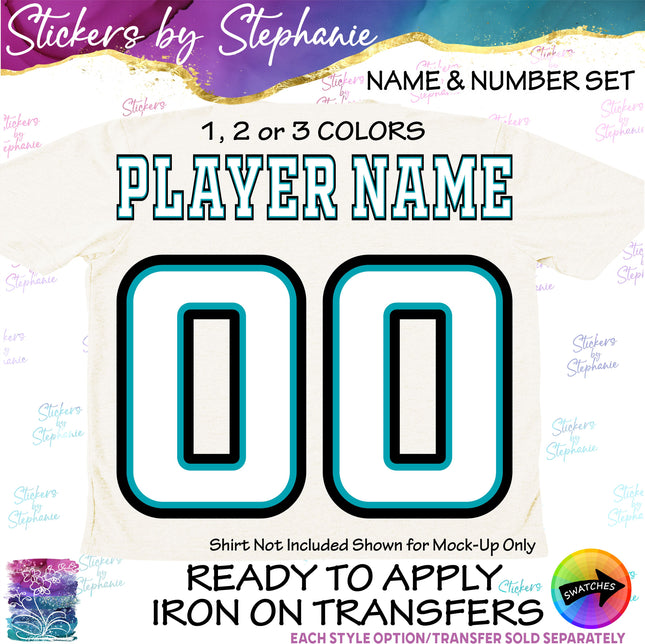 (CT-9016) 2 or 3 Color Layered Block Font Custom Player Name & Number Set Iron-On Transfer
