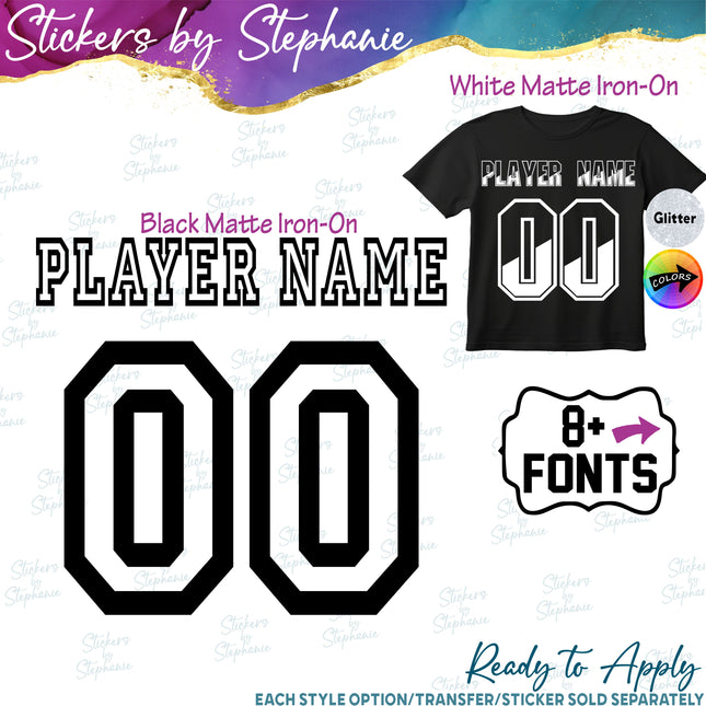 (CT-9) Outline Inline Fonts Custom Player Name & Number Set Iron-On Transfer