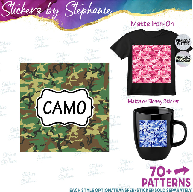 Camo Camouflage Print Pattern DIY Vinyl Sheet Iron-On Transfer or Sticker