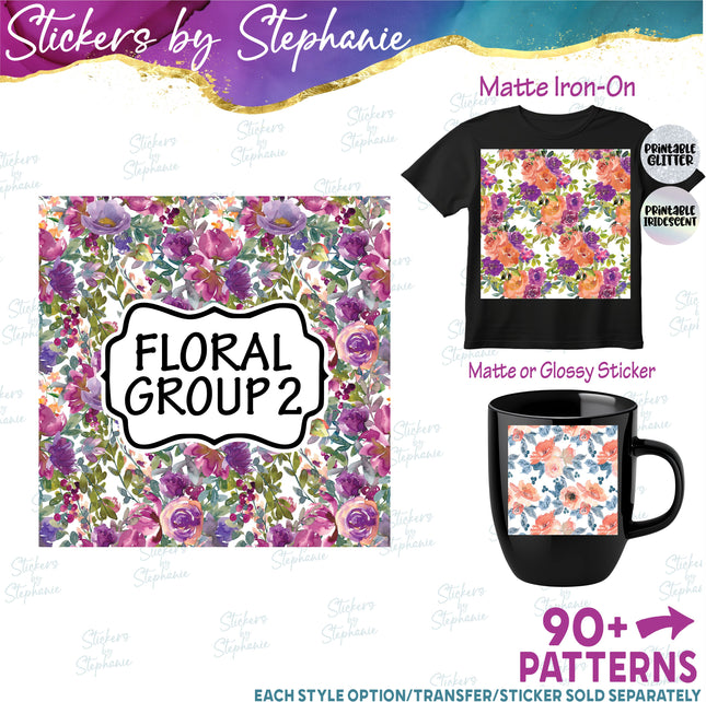 Floral Flower Group 2 Print Pattern DIY Vinyl Sheet Iron-On Transfer or Sticker