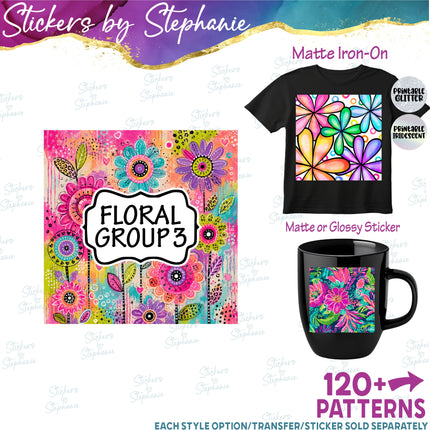 Floral Flower Group 3 Print Pattern DIY Vinyl Sheet Iron-On Transfer or Sticker