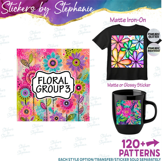Floral Flower Group 3 Print Pattern DIY Vinyl Sheet Iron-On Transfer or Sticker