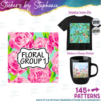 Floral Flower Group 1 Print Pattern DIY Vinyl Sheet Iron-On Transfer or Sticker