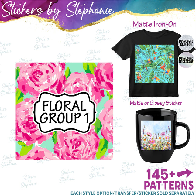Floral Flower Group 1 Print Pattern DIY Vinyl Sheet Iron-On Transfer or Sticker
