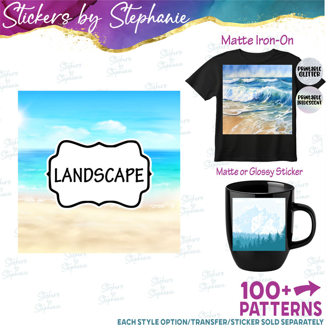 Landscape Beach/Ocean Mountains Print Pattern DIY Vinyl Sheet Iron-On Transfer or Sticker