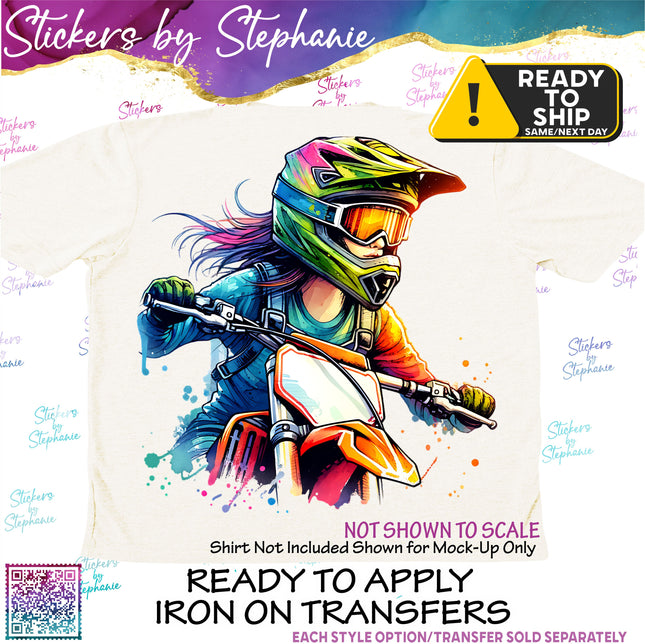 Colorful Motocross Girl Matte Iron-On Transfer