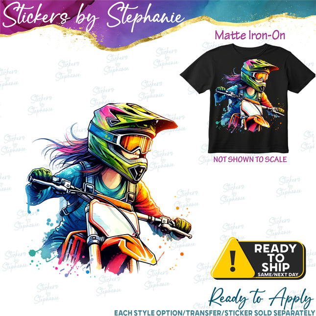Colorful Motocross Girl Matte Iron-On Transfer